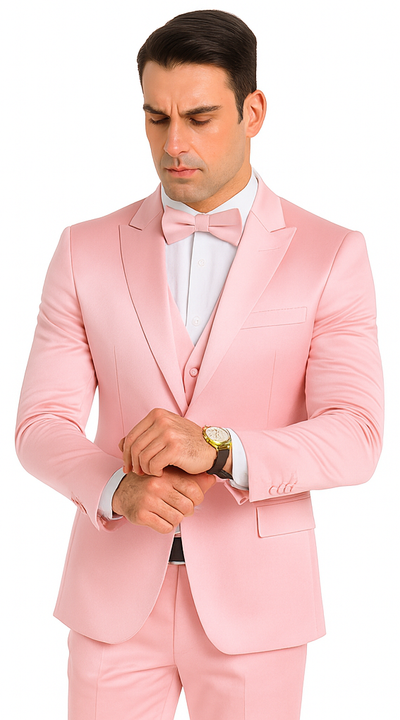 Dusty Rose Satin Double Breasted Peak Lapel 3 Piece Skinny Fit Tazzio Men's Suit with Matching Bowtie 6 M390SK-04-40R  - from alligatorwarehouse.com