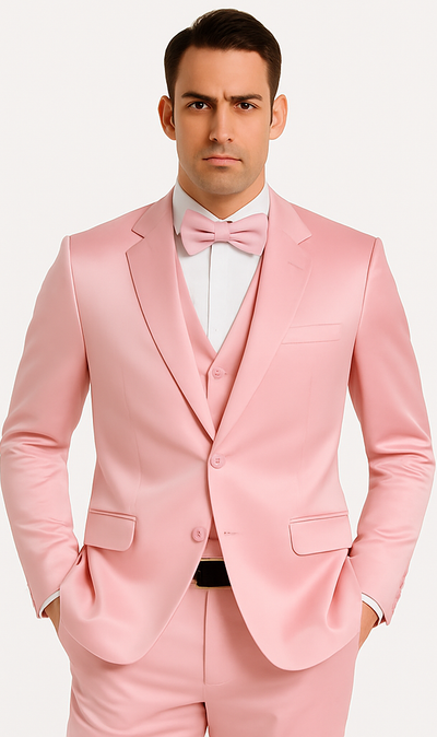 Dusty Rose Satin Double Breasted Peak Lapel 3 Piece Skinny Fit Tazzio Men's Suit with Matching Bowtie 8 M390SK-04-40R  - from alligatorwarehouse.com