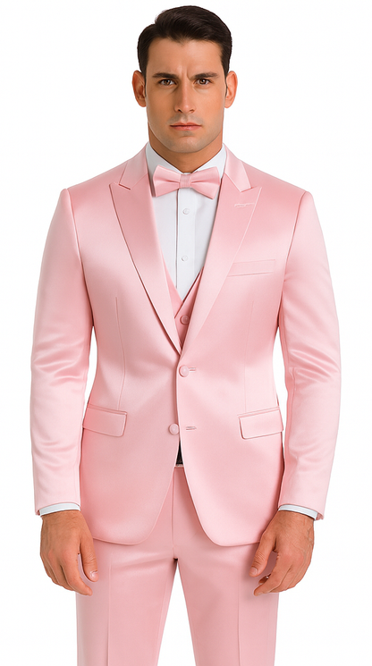 Dusty Rose Satin Double Breasted Peak Lapel 3 Piece Skinny Fit Tazzio Men's Suit with Matching Bowtie