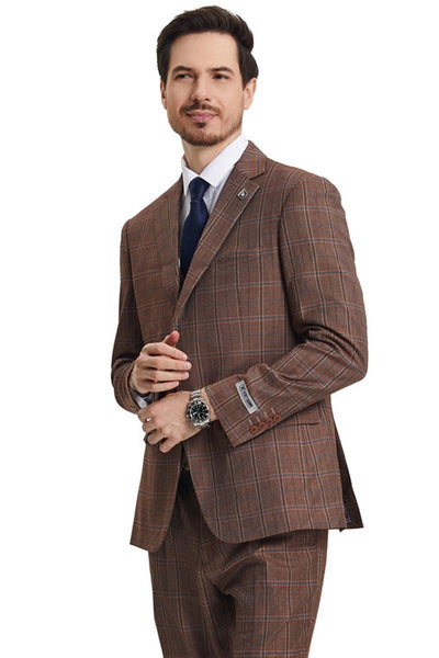 Men's Stacy Adams Vested Modern Fit Windowpane Plaid Suit in Light Brown 1 SM159H1-153-38R  - from alligatorwarehouse.com