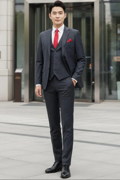 Mens Giovanni Testi Charcoal 3 Piece Suit – 2 Button Closure, Classic Notch Lapel, Flex Waist Pants