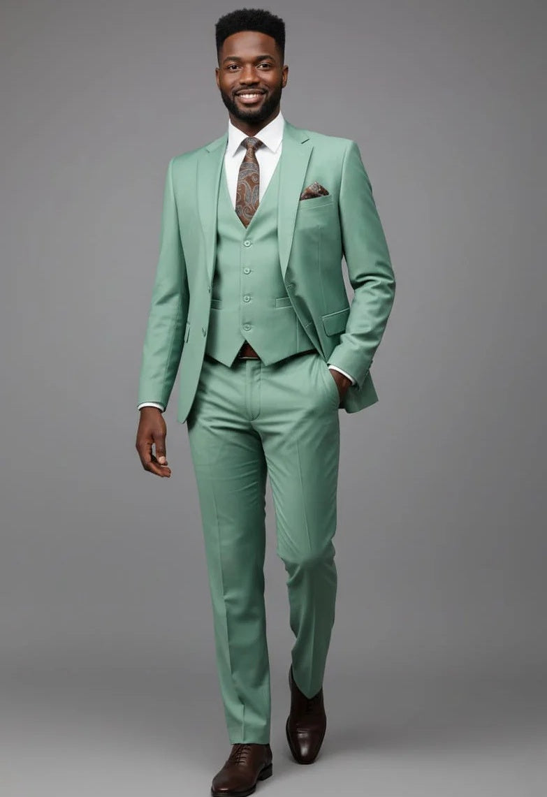 Mens Giovanni Testi Mint 3 Piece Suit – Modern Fit 2 Button Notch Lapel with Pick Stitching & Flex Waist Pants
