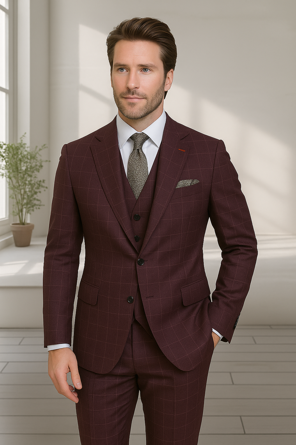 Wool Suit - Italian Made Business Suit by Statement Men's 3 Piece 100% Wool Modern Fit Suit - V-Neck Double Breasted Vest