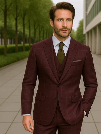 Wool Suit - Italian Made Business Suit by Statement Men's 3 Piece 100% Wool Modern Fit Suit - V-Neck Double Breasted Vest 17 MONTESUIT_Brown_38R  - from alligatorwarehouse.com