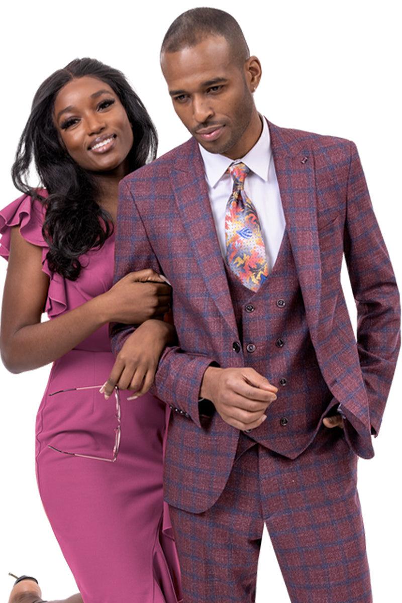 EJ Samuel Classic Peak Lapel Vested Suit in Burgundy Windowpane Plaid 1 M2761-Burgundy-38-Short  - from alligatorwarehouse.com