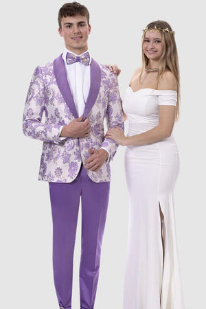 EJ Samuel Lavender Paisley Prom Tuxedo, Slim Fit with Studded Lapel - USA Men's Outlet