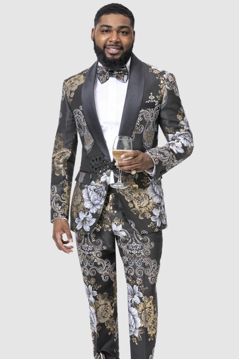EJ Samuel Men's Black & Gold Paisley Tux Jacket: Slim Fit Smoker for Proms | CLOSE OUT 46 1 JP119-BlkGold-46  - from alligatorwarehouse.com
