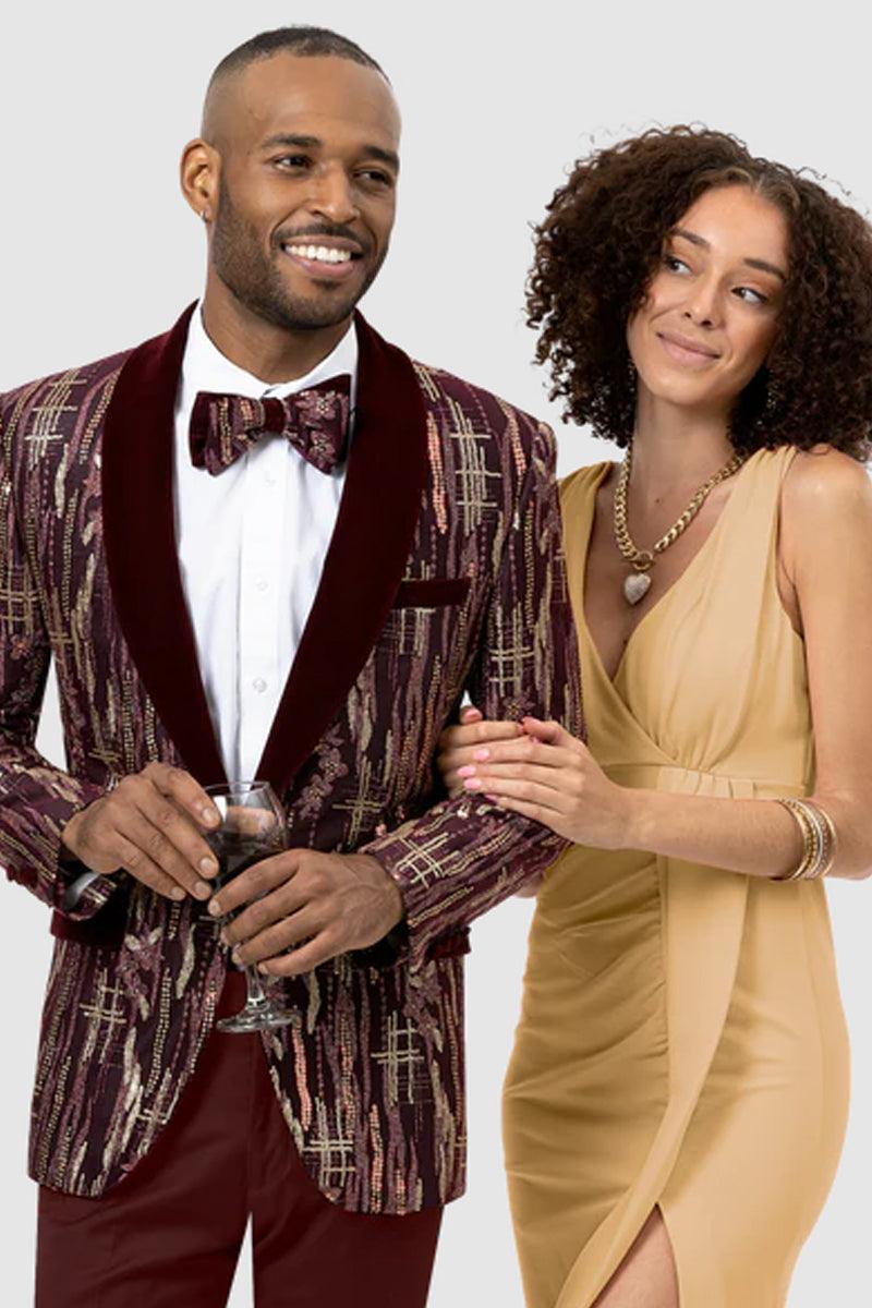 EJ Samuel Men's Burgundy Burgate Tux Blazer with Gold Sequin & Velvet Trim 1 J142-WineGold-34  - from alligatorwarehouse.com