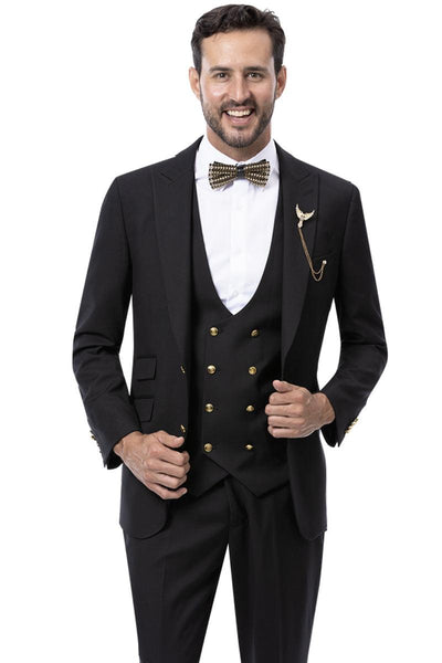 EJ Samuel Men's Formal Vested Suit w/ Double Breasted Vest & Gold Buttons in Black 1 M2771-Black-34-Regular  - from alligatorwarehouse.com