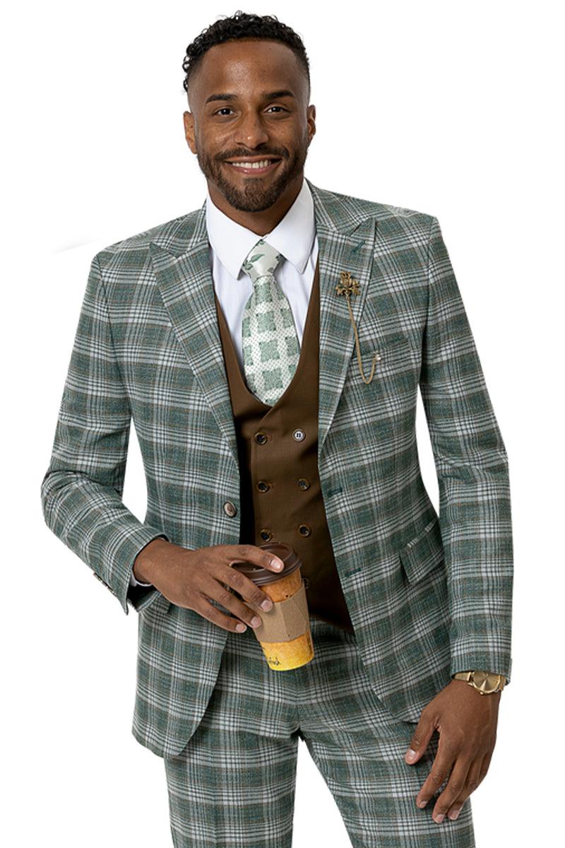 EJ Samuel Men's Hunter Green Windowpane Plaid 2-Btn DB Vest Suit - Modern Fit Peak Lapel 1 M2757-Hunter-38-Short  - from alligatorwarehouse.com
