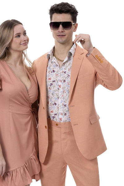 EJ Samuel Men's Modern Fit Coral Linen Suit – Summery Chic Style 1 M2792-Salmon-42-Regular  - from alligatorwarehouse.com
