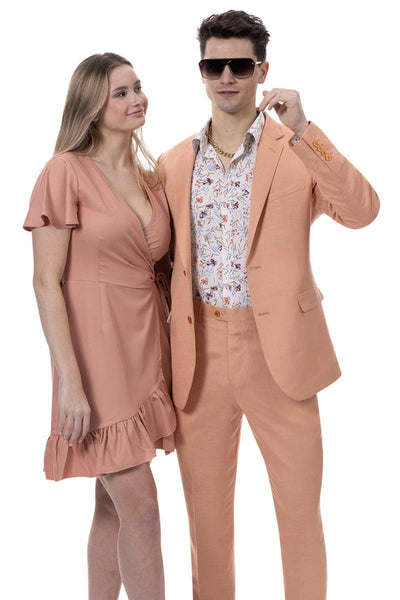 EJ Samuel Men's Modern Fit Coral Linen Suit – Summery Chic Style 2 M2792-Salmon-42-Regular  - from alligatorwarehouse.com