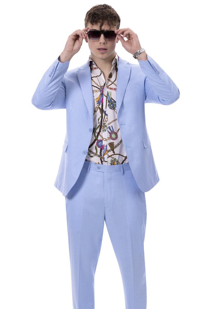 EJ Samuel Men's Modern Fit Sky Blue Linen Suit for Summer 2 M2792-Blue-42-Regular  - from alligatorwarehouse.com