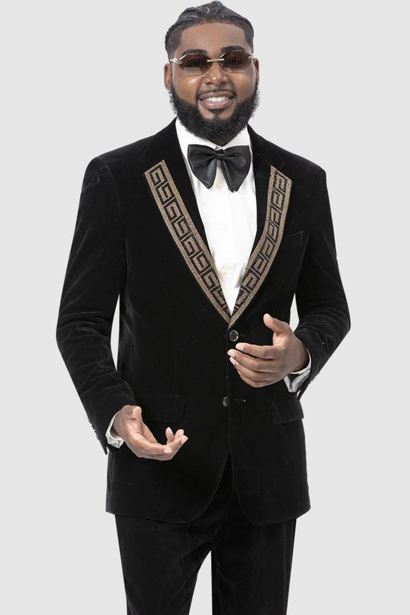 EJ Samuel Men's Modern Fit Velvet Tux w/Gold Sequin Lapel in Black 1 JP110-Black-34  - from alligatorwarehouse.com