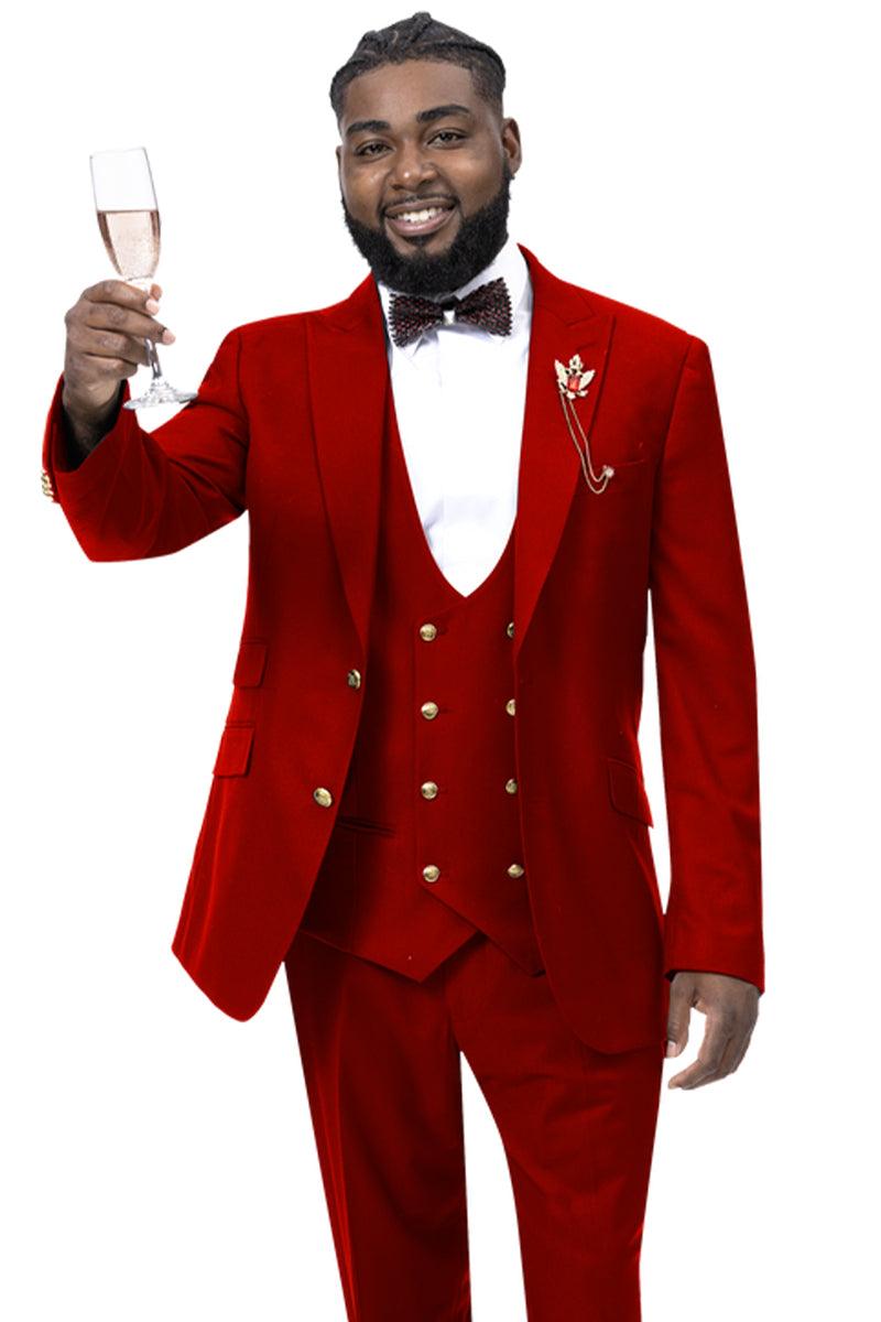 EJ Samuel Men's Red Vested Suit w/ Double Breasted Bespoke Gold Buttons 1 M2771-Red-36-Regular  - from alligatorwarehouse.com