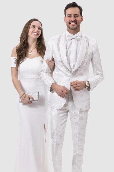 EJ Samuel Men's Silver & White Paisley Tux with Sequin Lapel Trim for Proms & Weddings 1 JP112-White-40  - from alligatorwarehouse.com