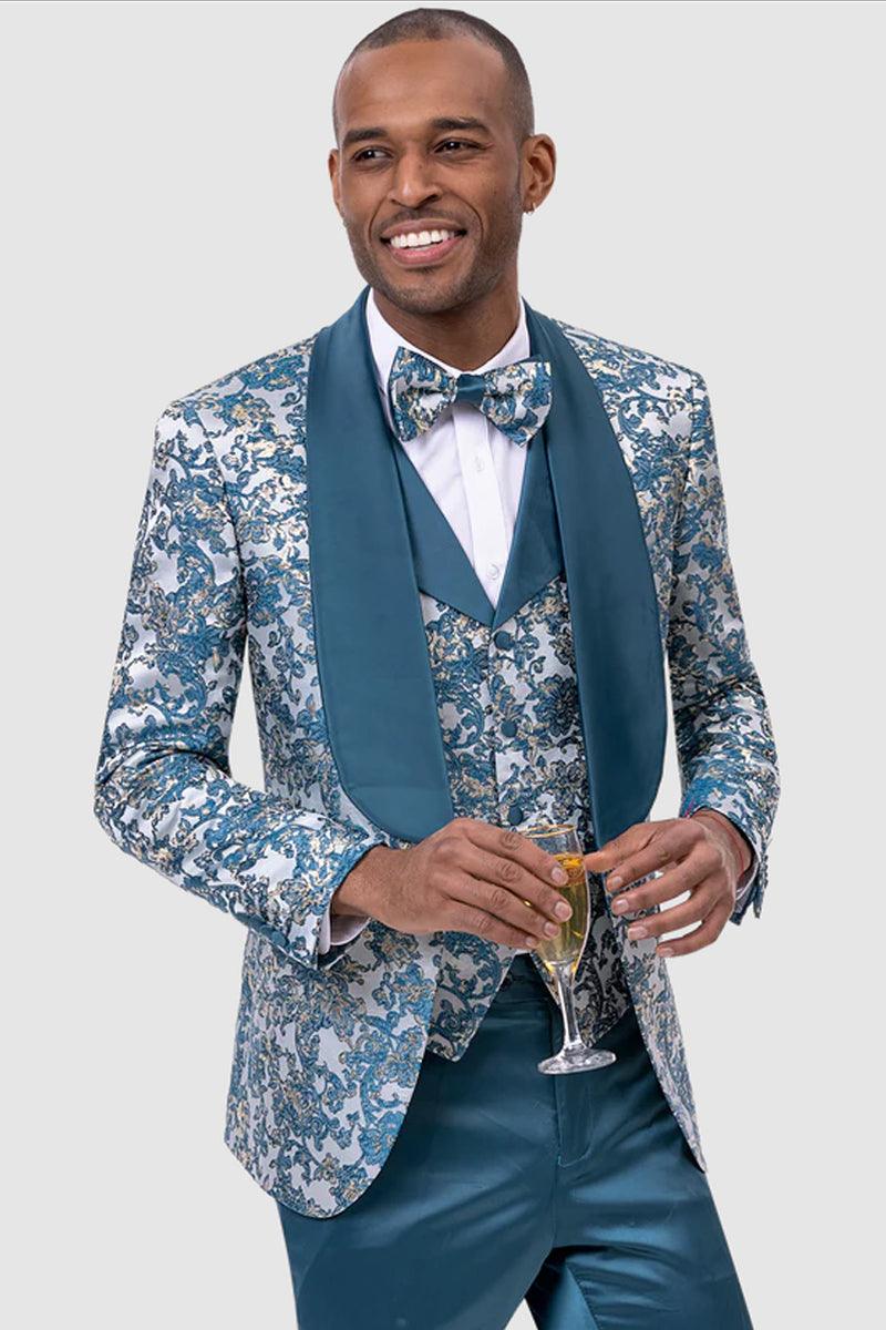 EJ Samuel Men's Vintage Paisley Brocade Slim-Fit Teal Tuxedo w/Vest 1 JP108-Teal-34  - from alligatorwarehouse.com