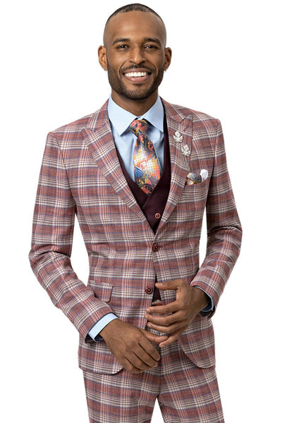 EJ Samuel Modern Fit Double Breasted Vest Suit - Burgundy Windowpane Plaid 1 M2757-Burgundy-40-Long  - from alligatorwarehouse.com