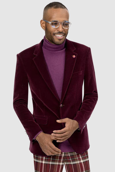 EJ Samuel: Modern Fit Velvet Blazer - Burgundy, 2-Button 1 J134-Burgundy-34  - from alligatorwarehouse.com