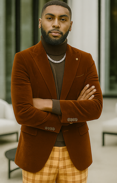 EJ Samuel | Modern Fit Velvet Blazer | Rust | 2-Button | Mens 1 J134-Rust-34  - from alligatorwarehouse.com