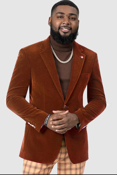 EJ Samuel | Modern Fit Velvet Blazer | Rust | 2-Button | Mens 2 J134-Rust-34  - from alligatorwarehouse.com