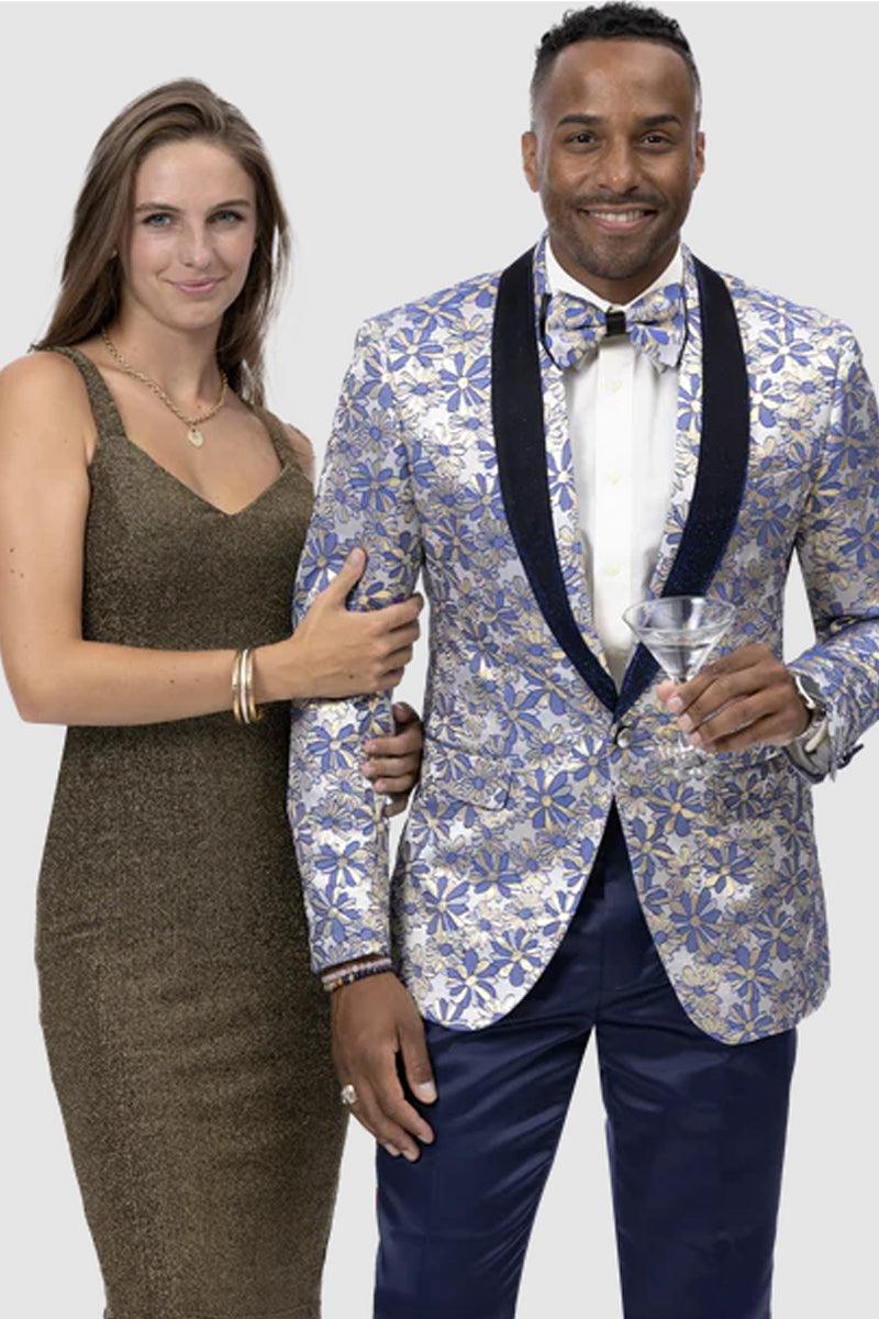EJ SAMUEL Prom Tuxedo Jacket - Aqua Blue & Gold Paisley Floral 1 J174-Blue-34  - from alligatorwarehouse.com