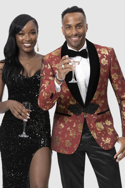 EJ Samuel Red & Gold Paisley Tux Jacket: Luxe Prom Smoking Look 1 J176-BlkRed-36  - from alligatorwarehouse.com