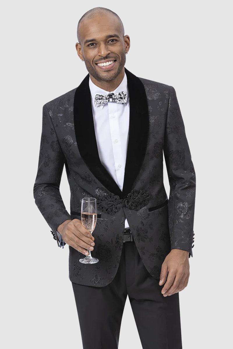EJ Samuel's Classy Paisley Tuxedo Smoking Jacket - Black 1 J175-Black-34  - from alligatorwarehouse.com