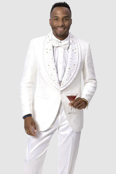 EJ Samuel White Paisley Diamond Lace Tux Jacket for Proms & Dinners 1 J169-White-46  - from alligatorwarehouse.com