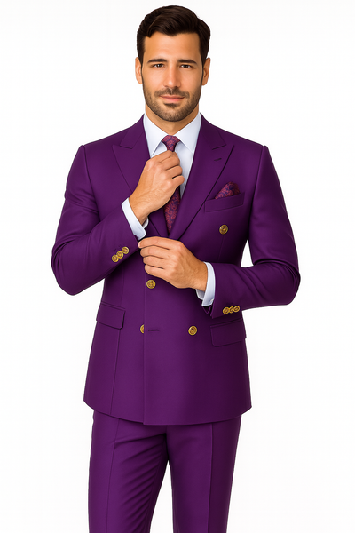 Mens Designer Modern Fit Double Breasted Wool Suit with Gold Buttons in Purple 7 AZ-4189  - from alligatorwarehouse.com