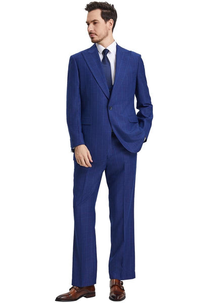 Men's Stacy Adams Peak Lapel Blue Windowpane Plaid Suit with a Scoop Neck Vest 2 SM172H1-20-38R  - from alligatorwarehouse.com