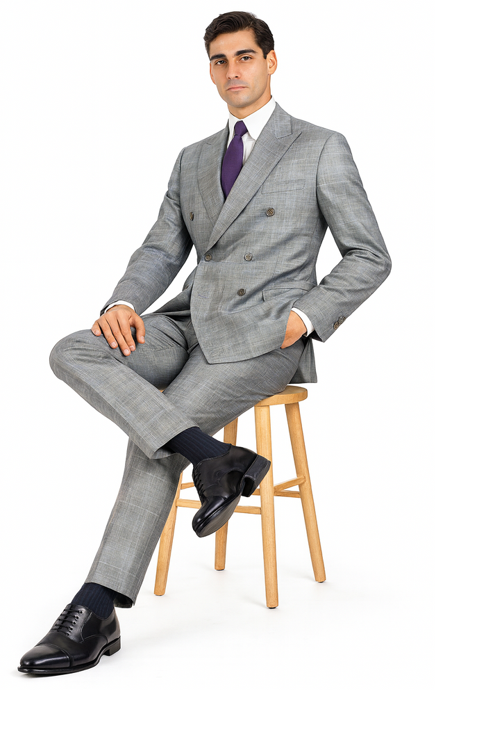Executive Double Breasted Regular Fit Glen Plaid Suit - Color Grey