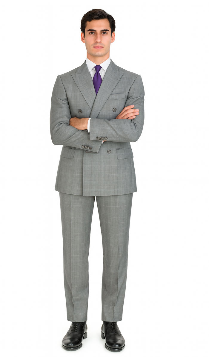 Executive Double Breasted Regular Fit Glen Plaid Suit - Color Grey