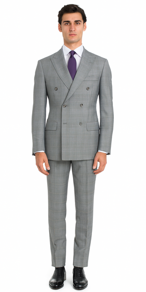 Executive Double Breasted Regular Fit Glen Plaid Suit - Color Grey