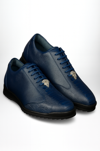 Los Altos Navy Blue Ostrich Leg Lace Up Sneakers 3   - from alligatorwarehouse.com