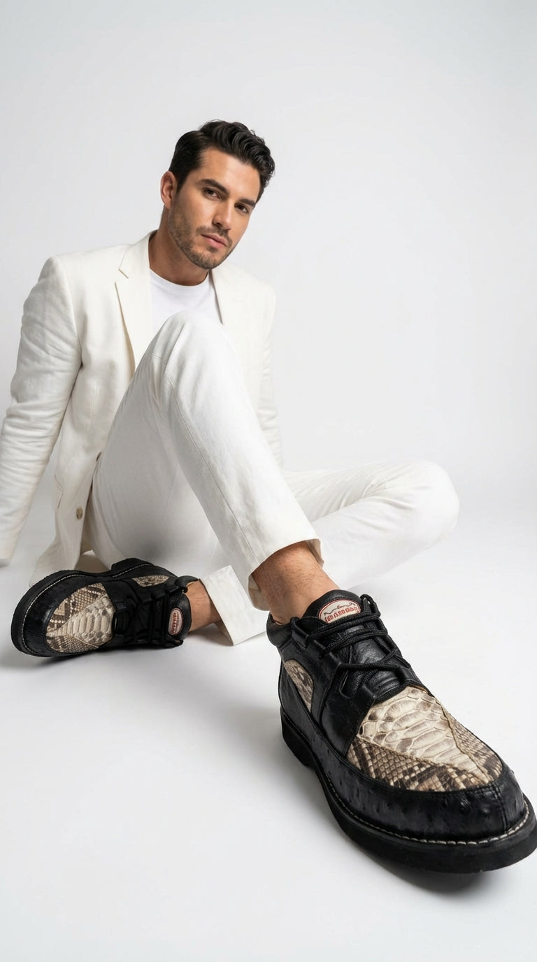 Mens Black and Natural Exotic Alligator Crocodile Casual Shoes – Ostrich and Snakeskin Pattern Lace Up Dress Shoes - Boot By Los Altos