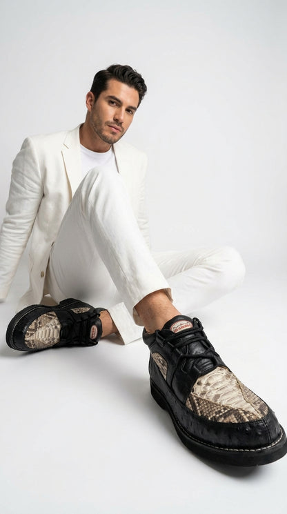 Mens Black and Natural Exotic Alligator Crocodile Casual Shoes – Ostrich and Snakeskin Pattern Lace Up Dress Shoes - Boot By Los Altos