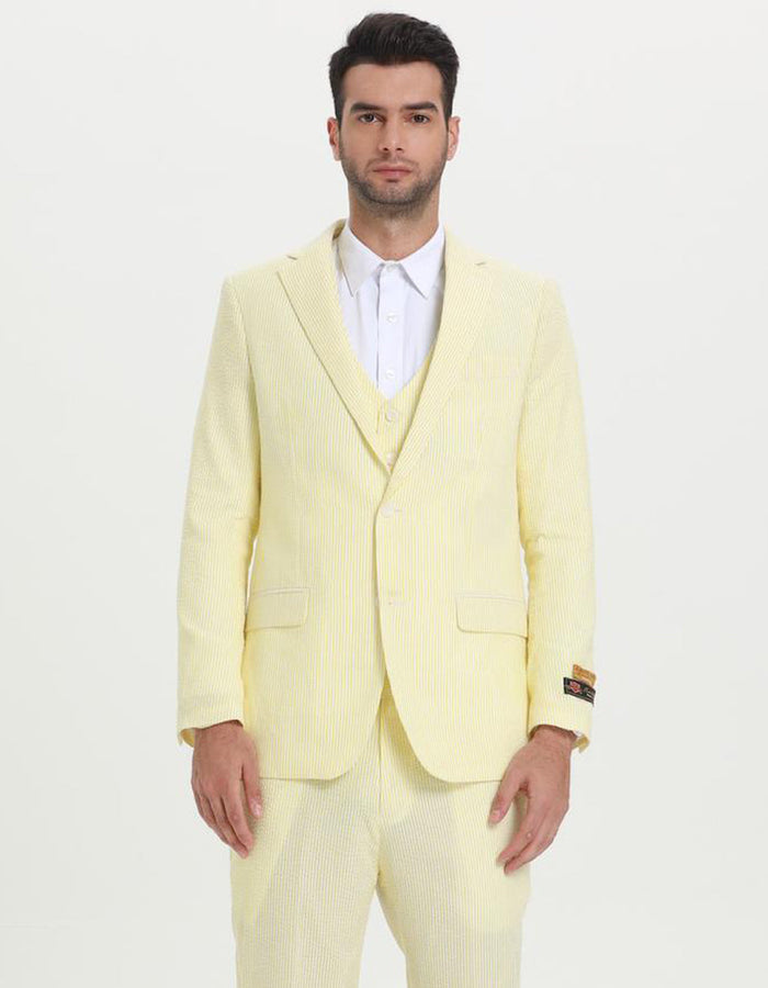 Mens Jacket + Pants Summer Seersucker Suit in Yellow Pinstripe