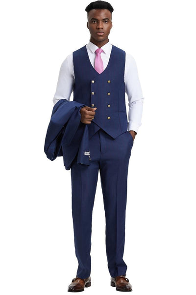 Men's Stacy Adams Vested One Button Side Peak Lapel Pinstripe Suit in Navy Blue 3 SM165H1-12-38R  - from alligatorwarehouse.com