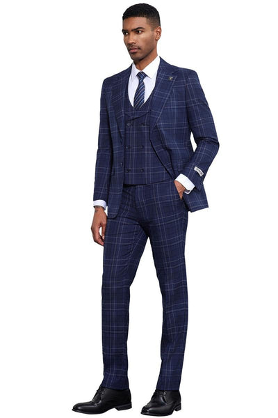 Men's Stacy Adams Vested Two Button Double Windowpane Plaid Suit in Navy 3 SM175H1-01-38R  - from alligatorwarehouse.com