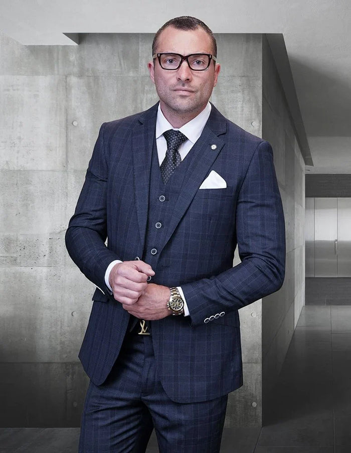 Mens 3 Piece 100% Wool Plaid Suit Classic Design Statement