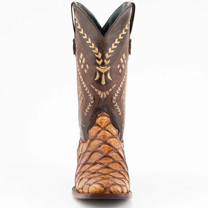Ferrini Bronco Men's Print Pirarucu Fish Boots Handcrafted Cognac 4339361 5 43393-61-080-D  - from alligatorwarehouse.com