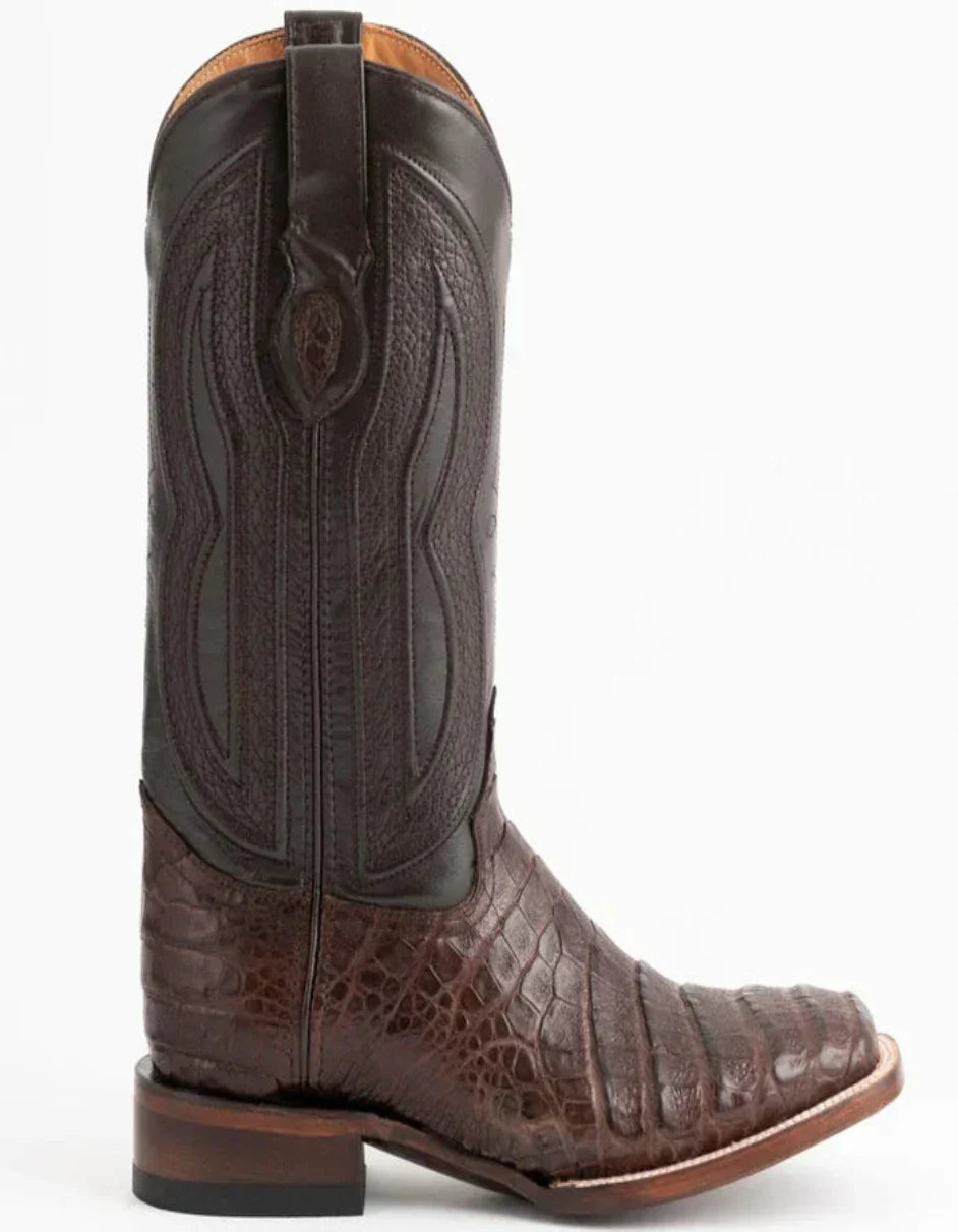 Ferrini Men's Dakota Belly Caiman Western Boots - Square Toe Handcrafted Chocolate 5 12493-09-080-D  - from alligatorwarehouse.com