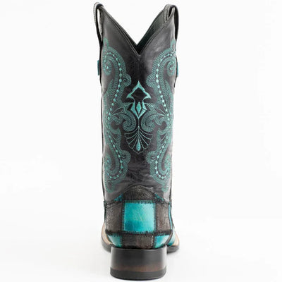 Ferrini Men's Patchwork Square Toe Boots Handcrafted - Black/Teal 1139350 3 11393-50-080-D  - from alligatorwarehouse.com