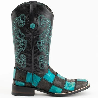 Ferrini Men's Patchwork Square Toe Boots Handcrafted - Black/Teal 1139350 5 11393-50-080-D  - from alligatorwarehouse.com