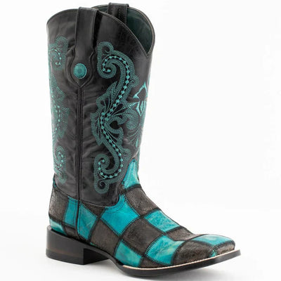 Ferrini Men's Patchwork Square Toe Boots Handcrafted - Black/Teal 1139350 1 11393-50-080-D  - from alligatorwarehouse.com