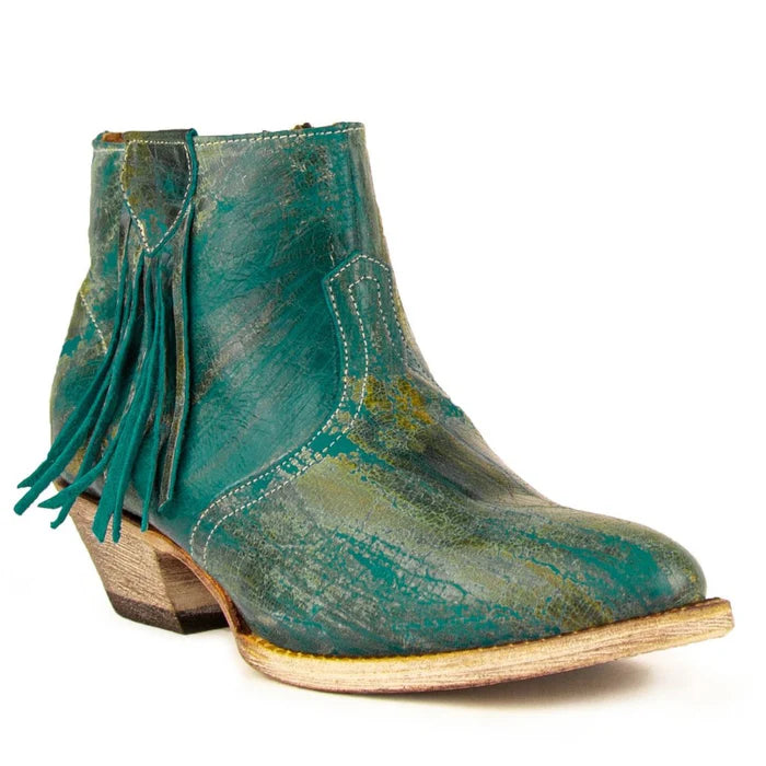 Ferrini Women's Fringe Round Toe Ankle Boots Handcrafted - Turquoise 6101150