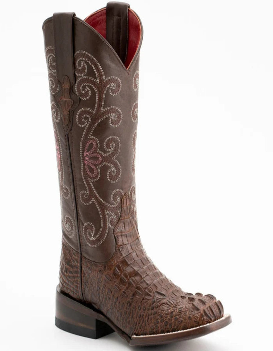 Ferrini Women's Stampede Square Toe Boots Crocodile Print - Rust Brown