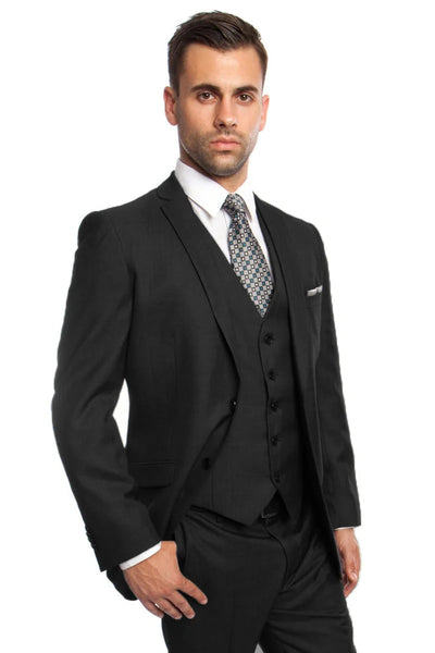 Men's Two Button Vested Business Sharkskin Suit in Black 1 K3-0743  - from alligatorwarehouse.com