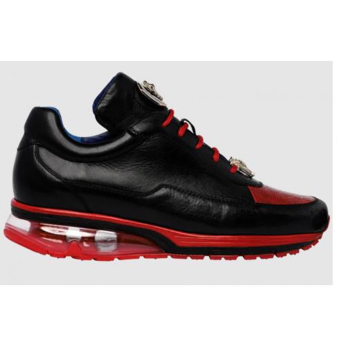 Belvedere  Flash  Black / Red Genuine Ostrich  Soft Italian Calf Skin Sneakers 2 MEN E01 BLACK/RED-M-09  - from alligatorwarehouse.com